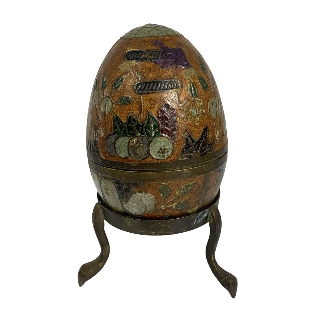 Vintage Brass Enamel Pomegranate Flowers Cloisonné Egg Trinket Box + Stand India